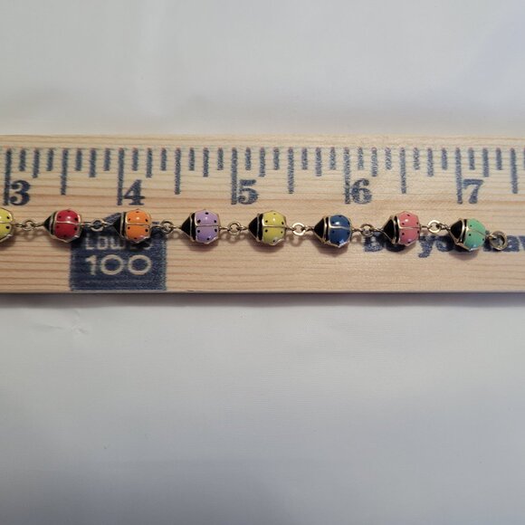 Lady Bug Multicolor Puffy Enamel Bracelet 10k Yellow Gold - Picture 12 of 13
